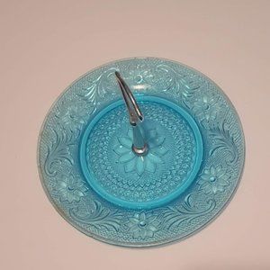 Vintage Blue Indiana Glass Tiara serving Relish, Sandwich Tray Dish with Handle
